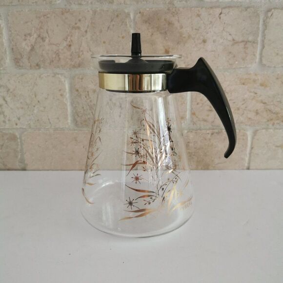 Vintage Pyrex Glass Carafe Gold Wheat Atomic Starburst MCM Retro Coffee Tea Pot - Picture 4 of 9